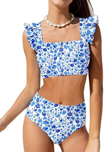 Girls 2 Piece Swimsuit Square Neck Ruched Ruffle Trim Bikini Sets Adjustable Straps Bathing Suit ... | Amazon (US)