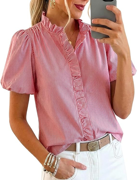 Womens Short Puff Sleeve Button Down Shirts Striped Gingham Ruffle Stand Collar Blouse Business C... | Amazon (US)