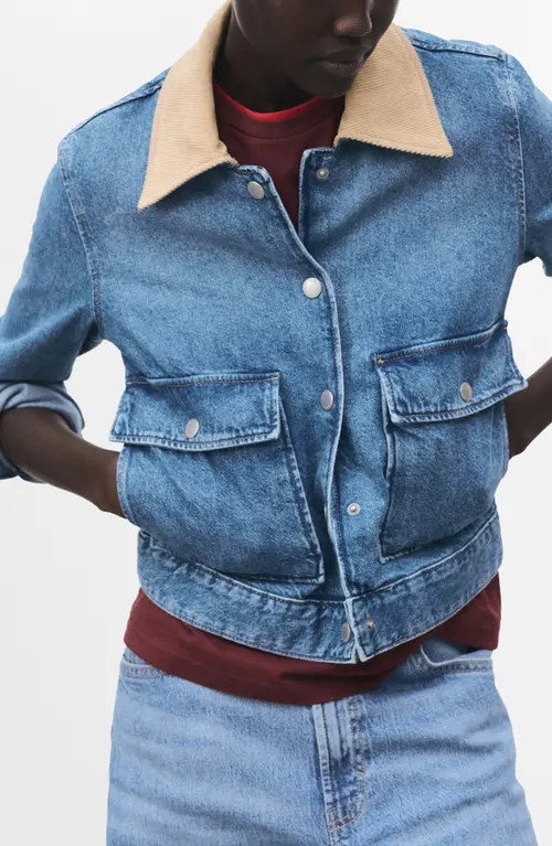 MANGO Denim Jacket with Corduroy Collar in Medium Blue at Nordstrom | Nordstrom