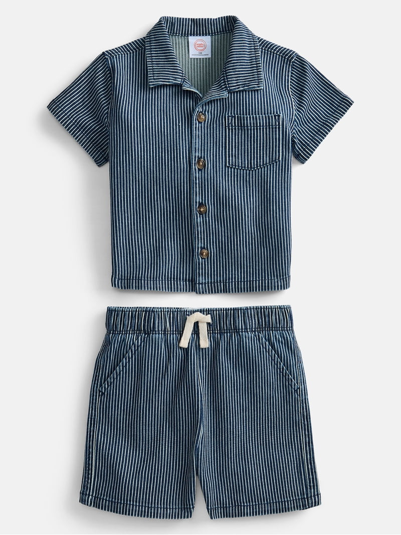Wonder Nation Baby Boys Short Sleeve Striped Collared Button Top and Matching Shorts Set, Sizes 0... | Walmart (US)
