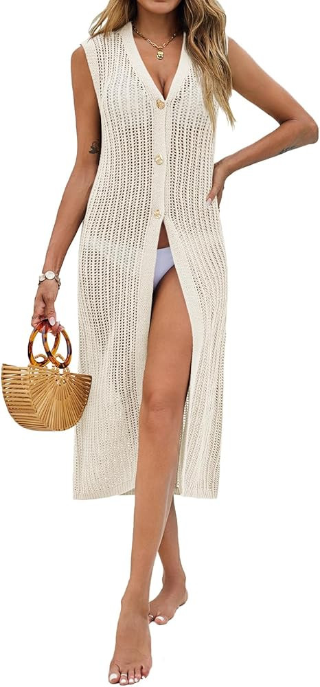 Saodimallsu Womens Crochet Beach Cover Up Summer Sleeveless Sweater Vest Knit Button Up Long Card... | Amazon (US)