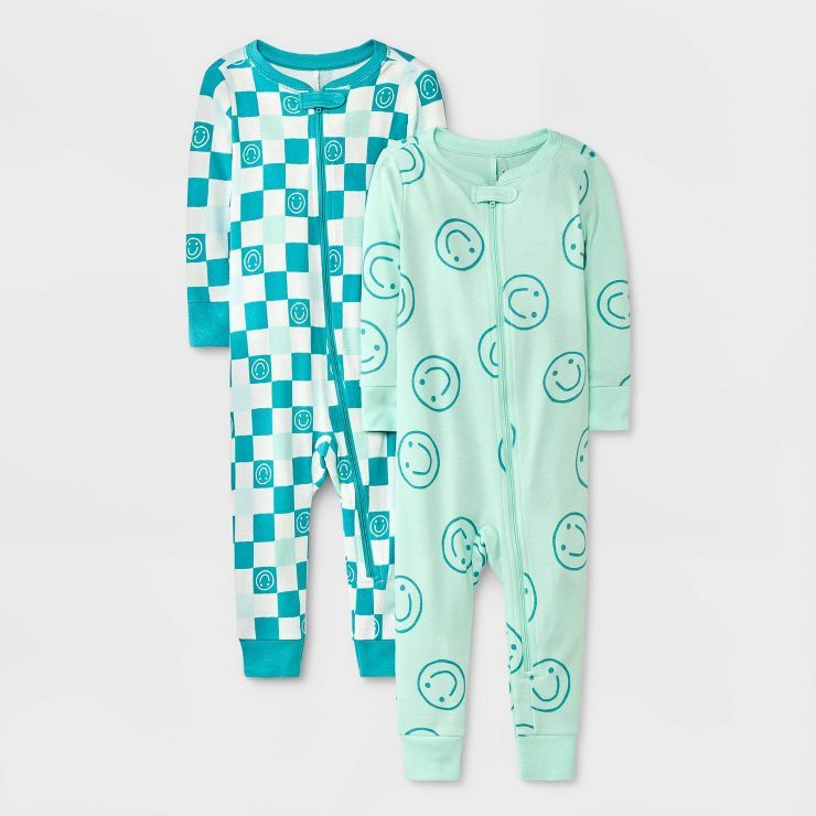 Baby Girls' 2pk Smile & Check Tight Fit Pajama Romper - Cat & Jack™ Green | Target