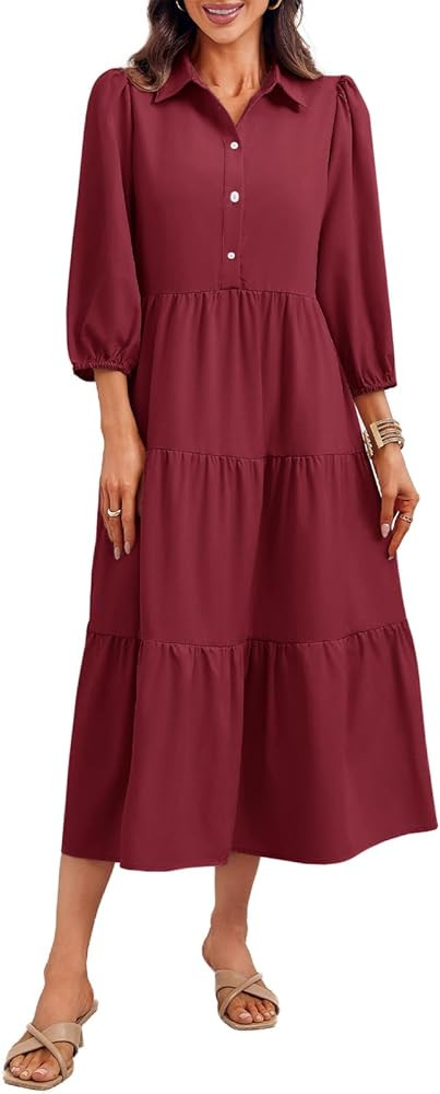 Wenrine Womens Casual 3/4 Sleeve Shirt Dress Button Down V Neck Tiered Collared Flowy Maxi Dress | Amazon (US)