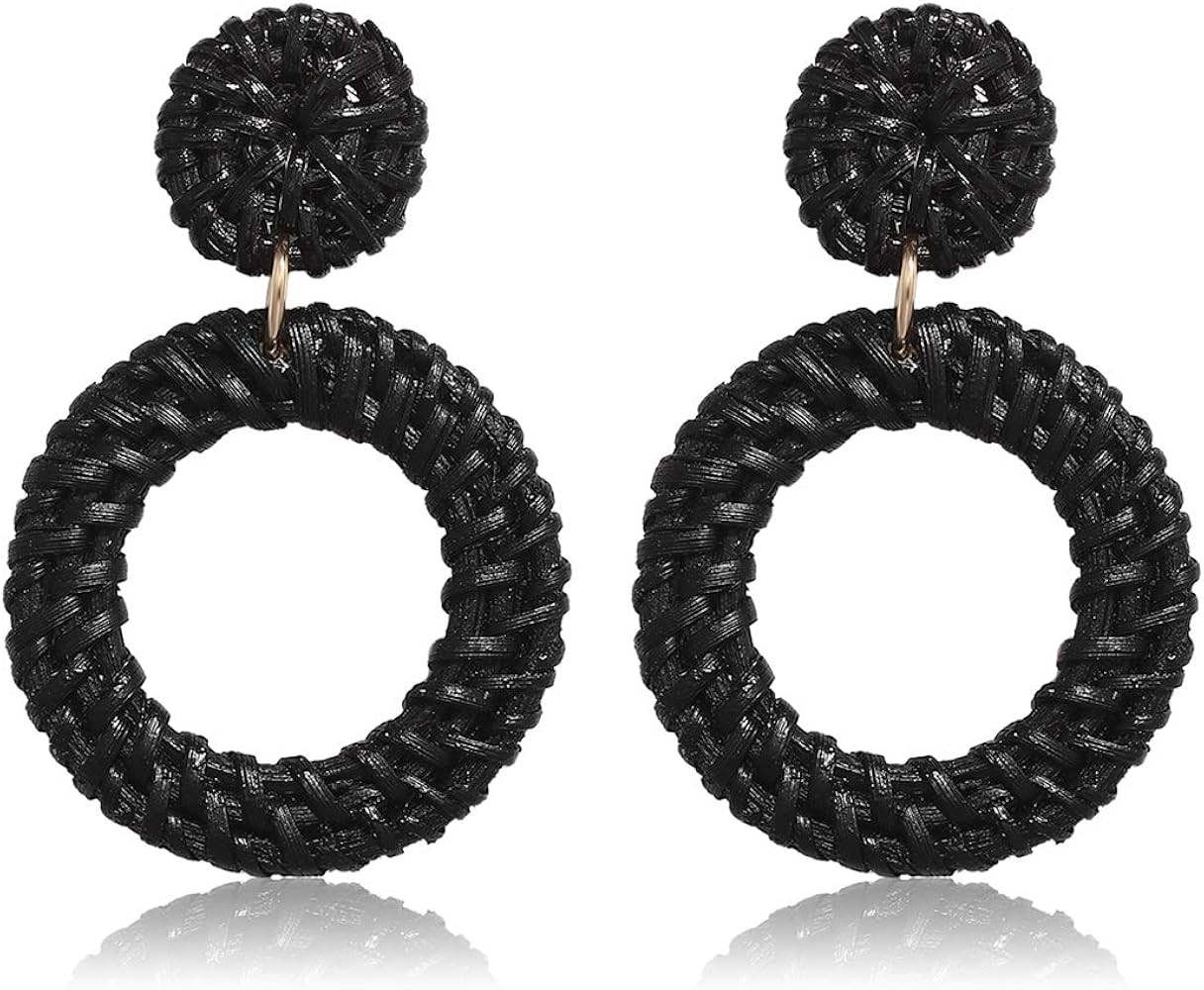 Woven Rattan Earrings Boho Colored Straw Wicker Braid Drop Dangle Earrings Handmade Circle Hoop E... | Amazon (US)