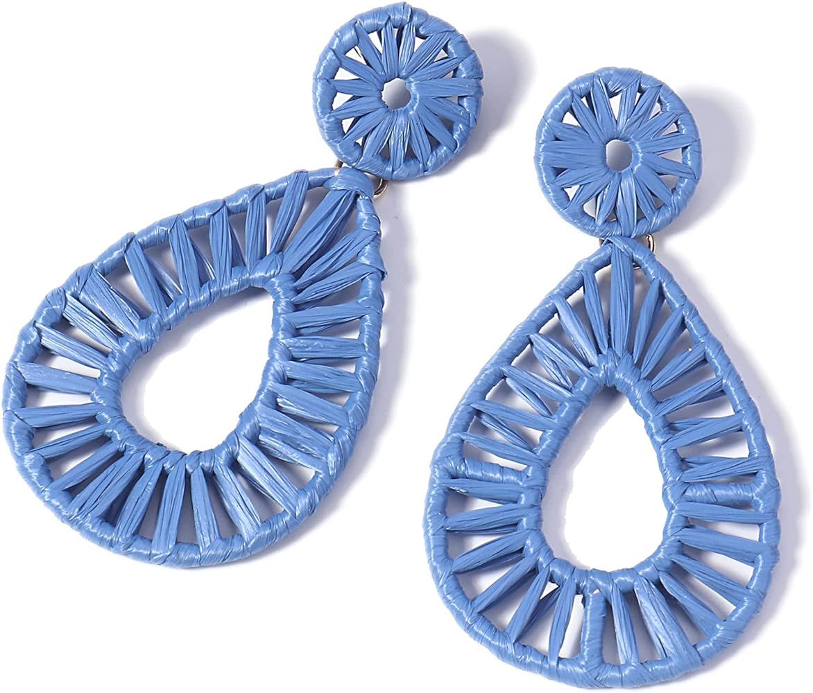 Boho Raffia Earrings Statement Teardrop Earrings Drop Dangle Bohemian Earrings for Women Cute Han... | Amazon (US)