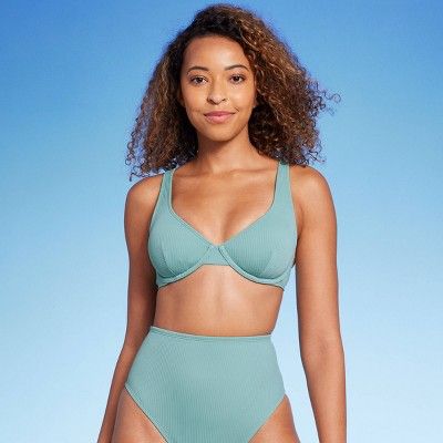Women's Retro Ribbed Underwire Bikini Top - Shade & Shore™ Green 34B | Target