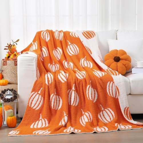 Fall Pumpkin Knit Throw Blanket, 50 x 60 Inch Autumn Halloween Reversible Knitted Soft Throw Blan... | Amazon (US)