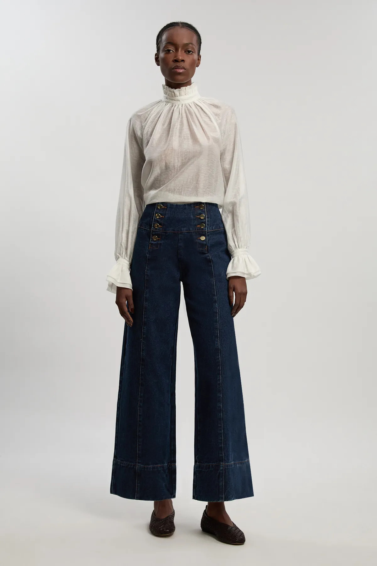 Mid Blue Denim Button Front Wide Leg Jeans | Karen Millen | Karen Millen UK + IE + DE + NL