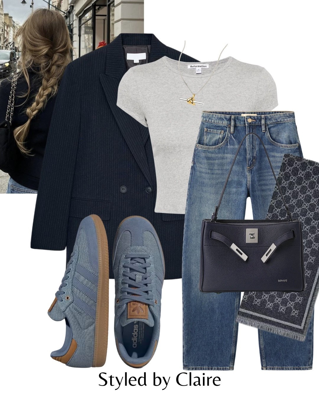 NAVY, GREY & DENIM🙋🏽‍♀️
Tags: Zara pinstripe blazer oversized chic women’s tshirt cropped reformation barrel jeans light wash adidas samba og blue gum Gucci scarf rabeanco Hermes dupe toe shoulder leather bag missoma necklace fashion winter spring city break transitional capsule wardrobe elevated basics 

#LTKstyletip #LTKshoes #LTKwinter
