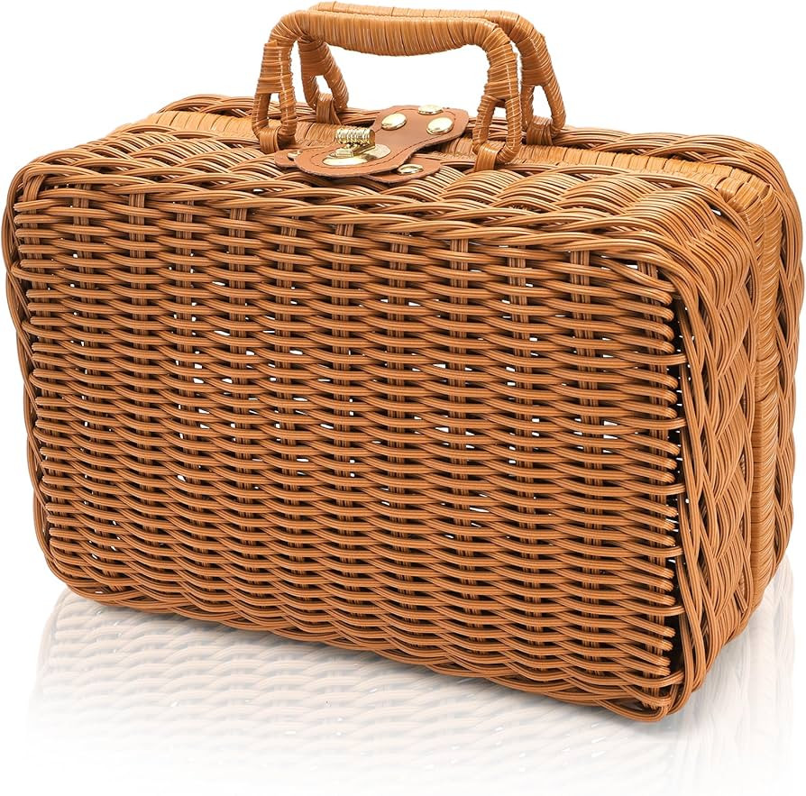 Wicker Suitcase Basket, Vintage Rattan Picnic Basket Case with Handle, Rustic Storage Hamper Prop... | Amazon (US)
