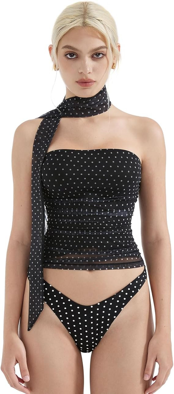 SUUKSESS Women Ruched Strapless Mesh Tube Top Y2k Sleeveless Bandeau Tank Tops with Scarf 2025 | Amazon (US)