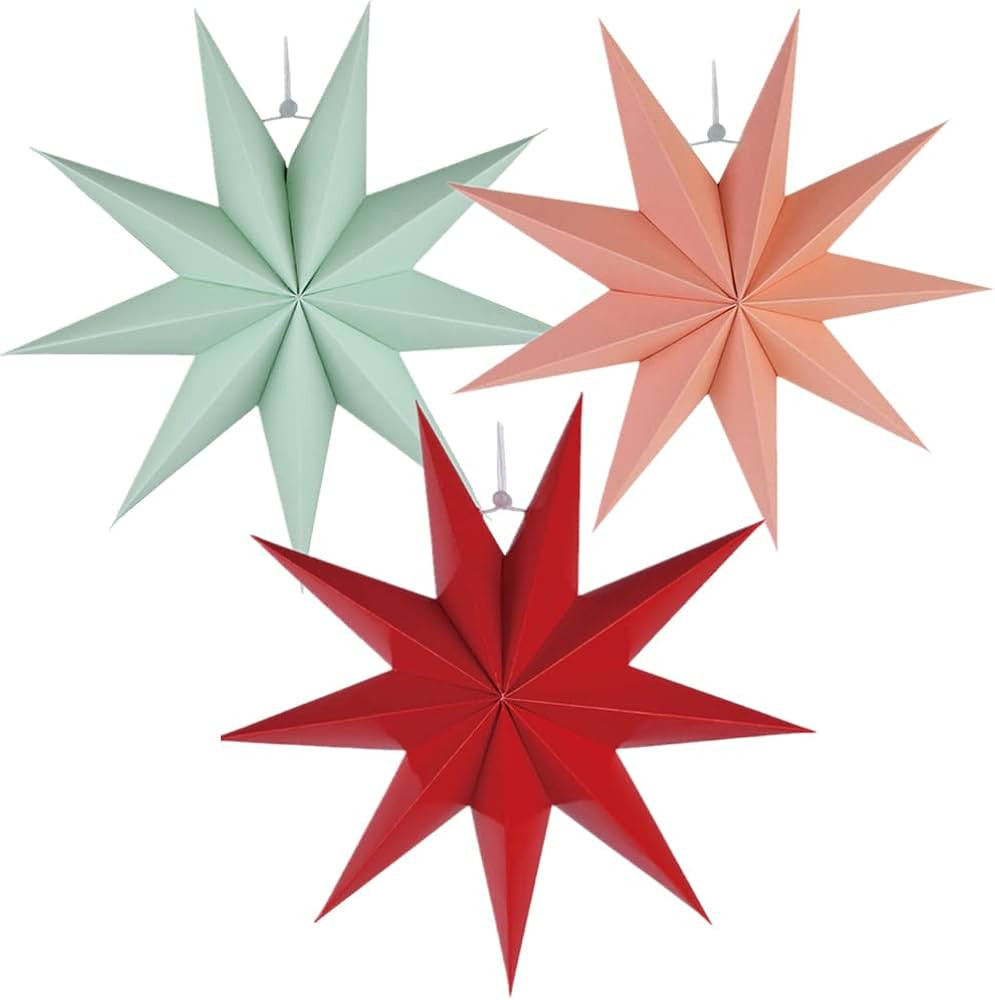 3 Pieces 3D 12" Large Paper Star Hanging Star Red Green Pink Paper Star Decorations for Weddings,... | Amazon (US)