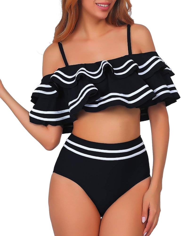 Women 2 Piece Vintage Navy Ruched Flounce Off Shoulder Crop Top with High Waist Bottom Bikini Set... | Amazon (US)