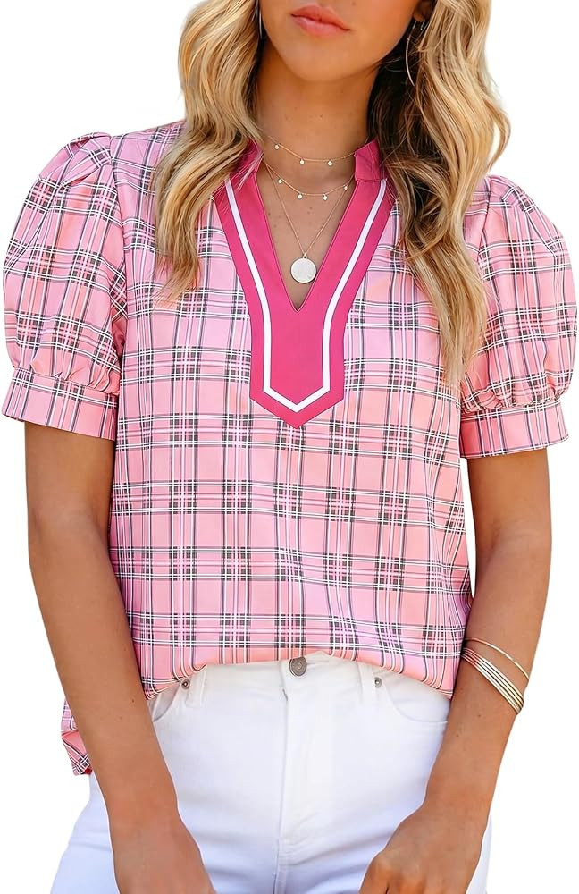Tankaneo Womens Puff Sleeve Plaid Tops Summer Dressy Casual V Neck Blouses Loose Fit Color Block ... | Amazon (US)