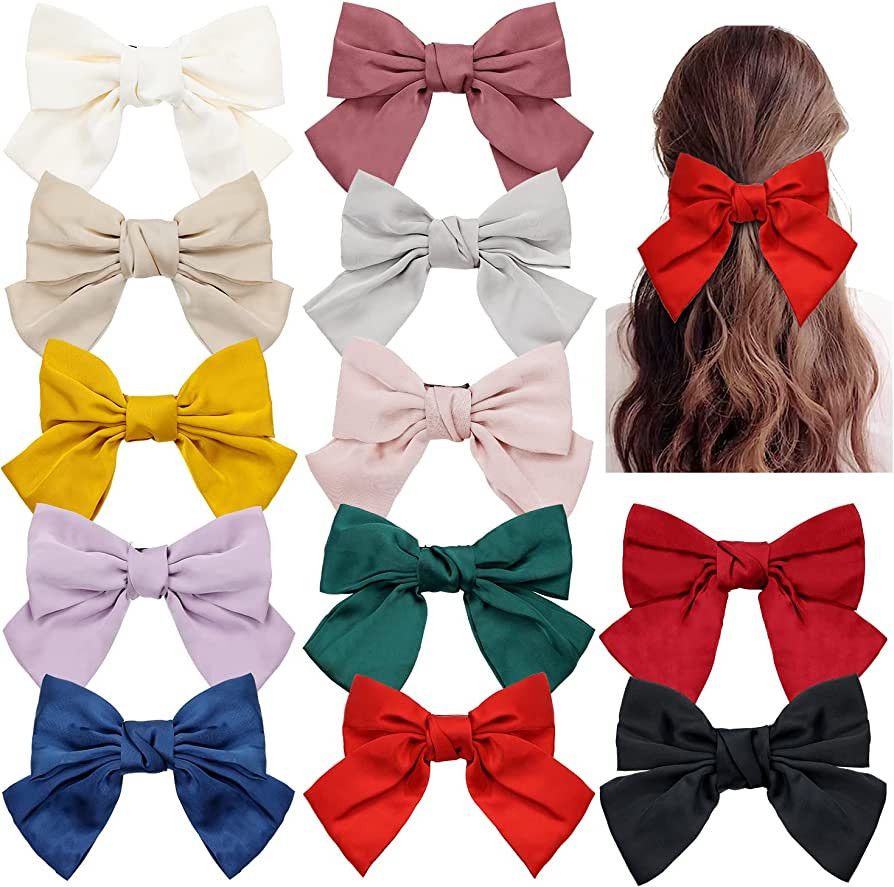 12 Pack Large Big Oversized Knot Bowknot Satin Hair Bows French Barrettes Hair Clips Bun Ponytail... | Amazon (US)