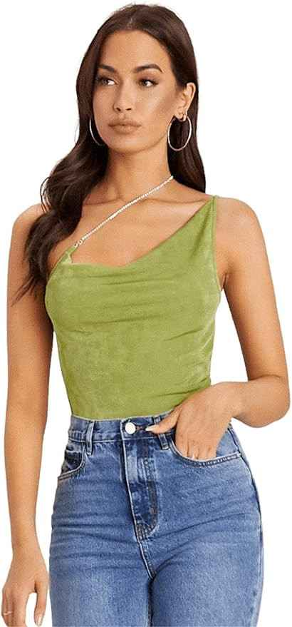 Verdusa Women's One Shoulder Rhinestone Strap Sleeveless Draped Velvet Cami Top | Amazon (US)