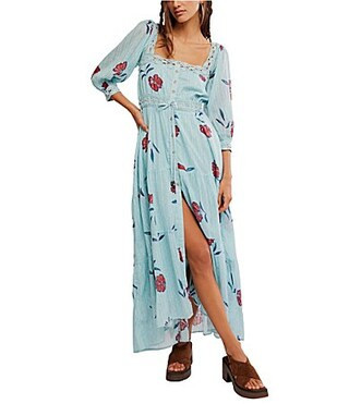 Free People Morning Meadows Floral Dotted Printed Square Neck 34 Sleeve Maxi Dress - L | Dillard's