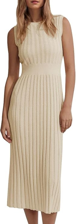 Danedvi Women's Knit Midi Tank Dress 2024 Summer Sleeveless Ribbed Crew Neck Bodycon Casual Basic... | Amazon (US)