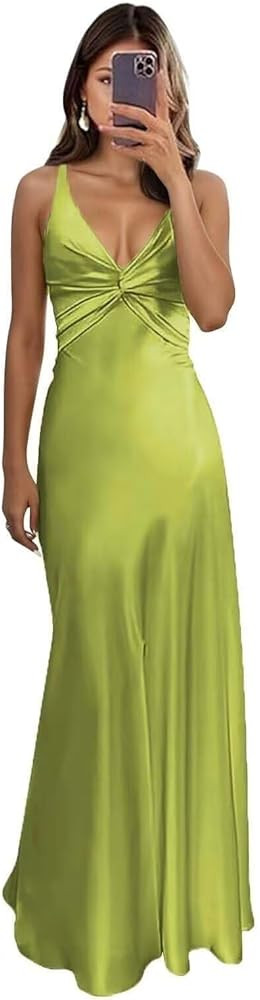 Satin Prom Dresses 2026 Spaghetti Strap Bridesmaid Dresses Pleated V-Neck Silk Maxi Dress with Sl... | Amazon (US)