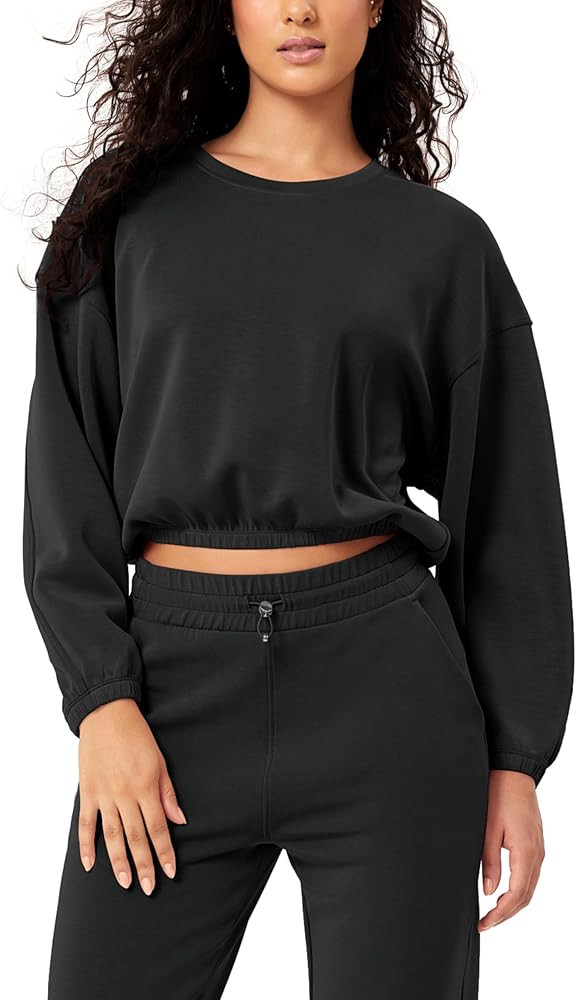 ODODOS Women's Modal Soft Gathered Cropped Sweatshirts Long Sleeve Elastic Hem Crew Neck Pullover... | Amazon (US)