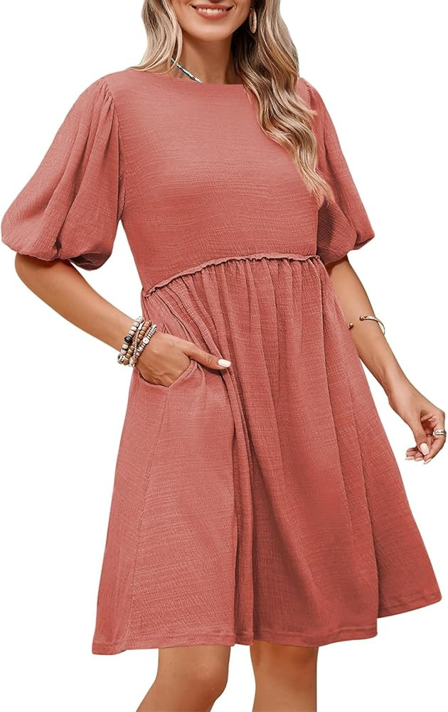 Pink Queen Women's Swimsuit Cover Up Dress Crew Neck Tunic Bathing Suit Beach Mini Tiered Babydol... | Amazon (US)