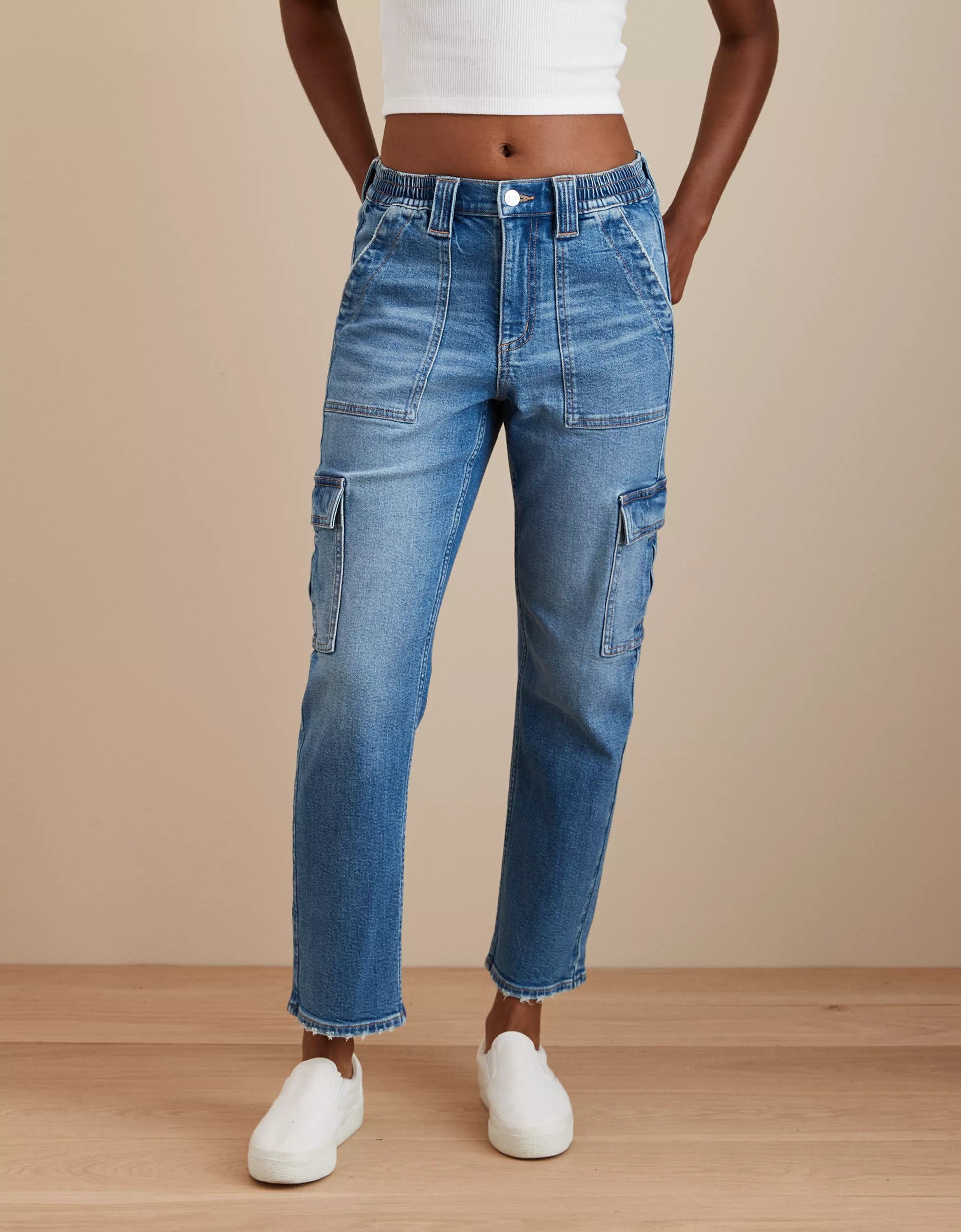 AE Stretch Super High-Waisted Ankle Straight Cargo Jean | American Eagle Outfitters (US & CA)