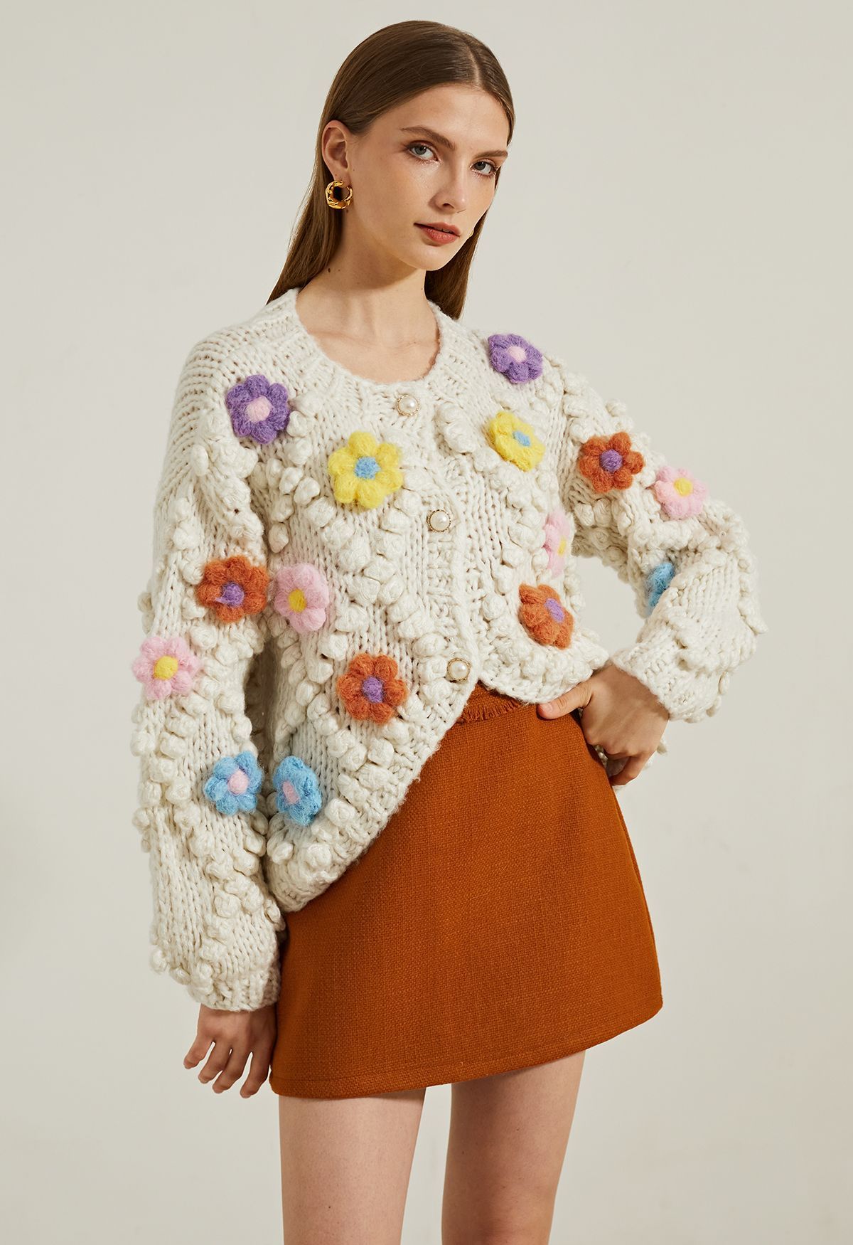 Button Up Floral Pom-Pom Knit Cardigan | Chicwish