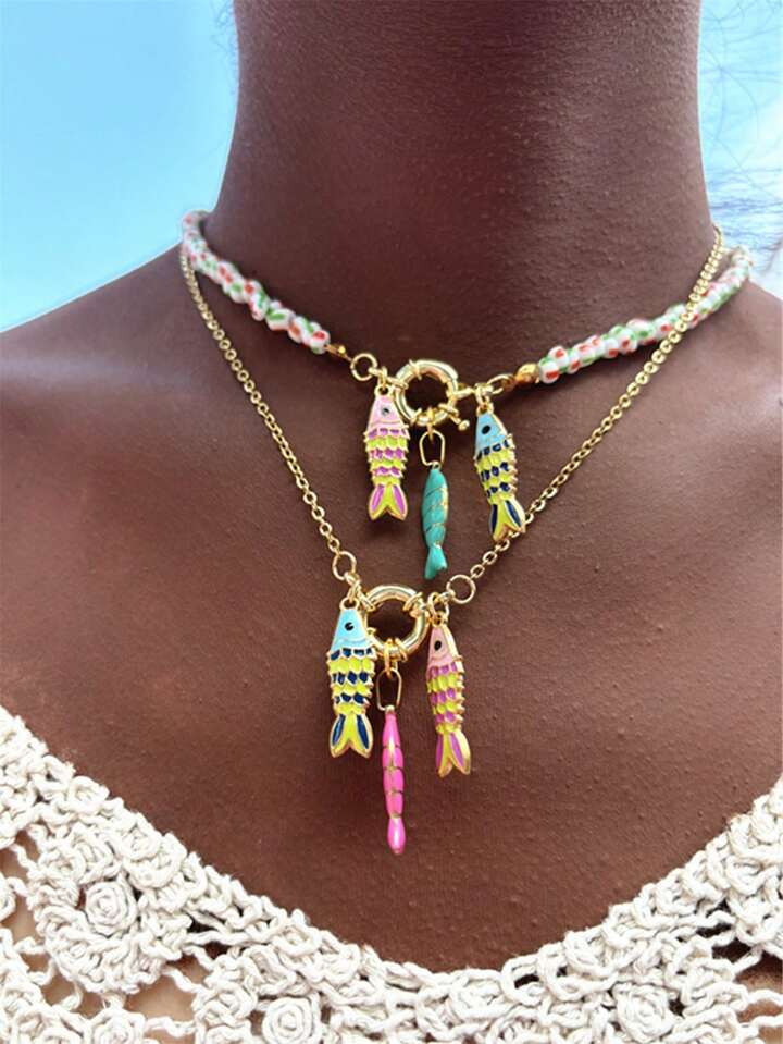 Fashion Titanium Steel Necklace Ocean Series Fish Multi-Pendant Retro Style Heart-Shape Hand Made... | SHEIN