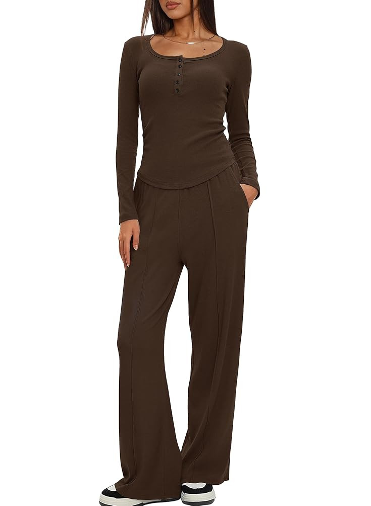 Darong Women's Fall Trendy 2 Piece Outfits Lounge Sets Long Sleeve Top Henley Shirts Wide Leg Pan... | Amazon (US)