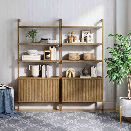 Nathan James Jasper 3-Shelf Solid Wood Boho Bookshelf, Wall Mounted Bookshelf with Cabinet with Fluted Doors, Light Brown, Set of 2 | Amazon (US)