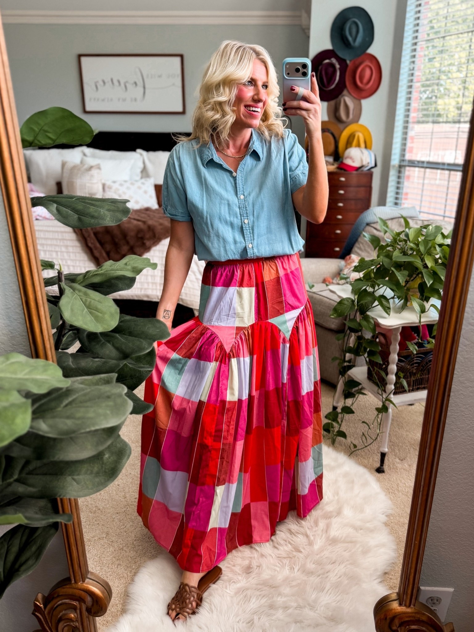 Church OOTD 
Denim top with plaid skirt 
Skirt fits tts with elastic waistband

#LTKOver40 #LTKWorkwear #LTKootd