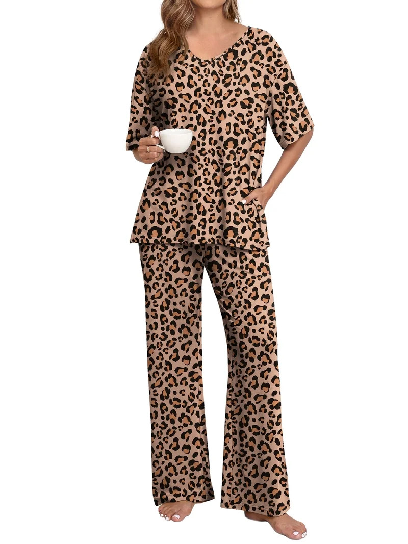 MINTREUS Lounge Sets for Women Knit Short Sleeve V-neck Tops and Long Pants Soft Comfy Pajamas Se... | Walmart (US)