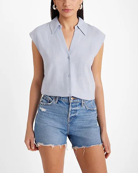 Linen-Blend Cap Sleeve Button Up Shirt | Express