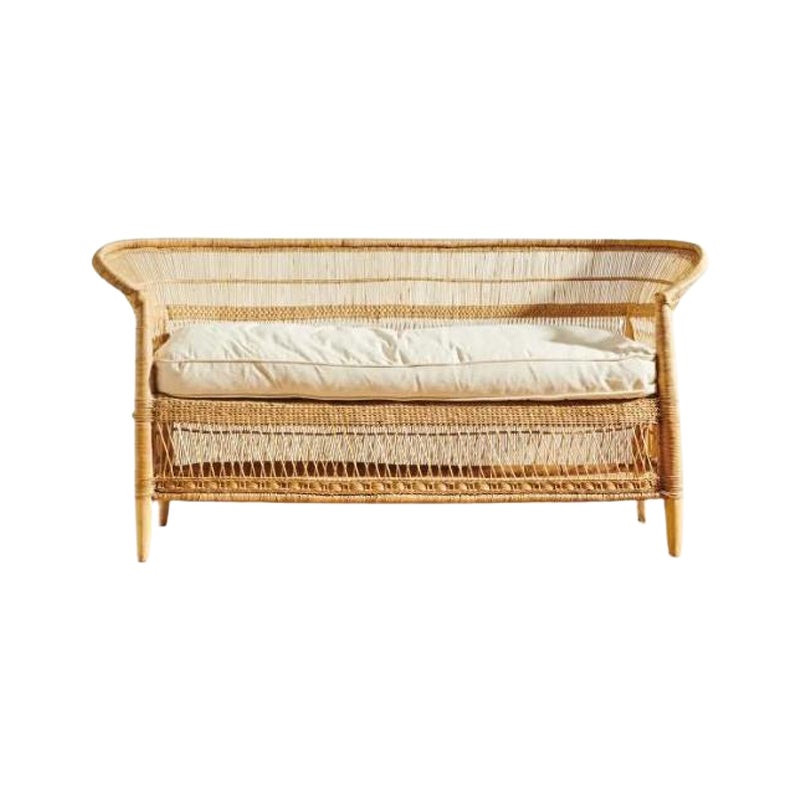 Handwoven Malawi Cane Sofa in Traditional Weave with White Linen Cushion | 1stDibs