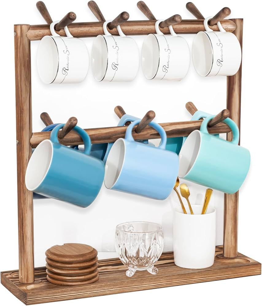 Puricon Mug Holder Coffee Cup Shelf for Counter, 2 Tier Wood Mug Tree Stand Organizer with 14 Stu... | Amazon (US)