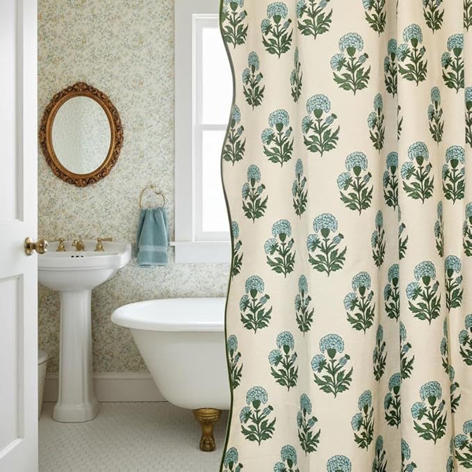 Block Print Shower Curtain Blue and White Shower Curtain Set Linen Textured with 12 Hooks Vintage... | Amazon (US)