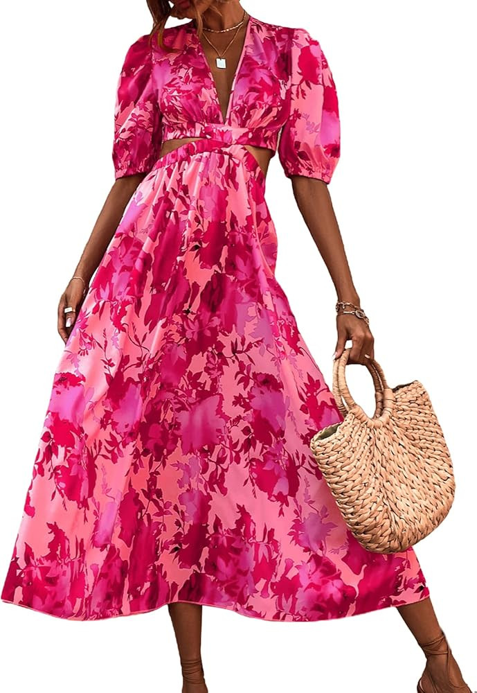 Floerns Women's Cut Out Tie Back Short Sleeve Scoop Neck Floral Print Midi Dress | Amazon (US)