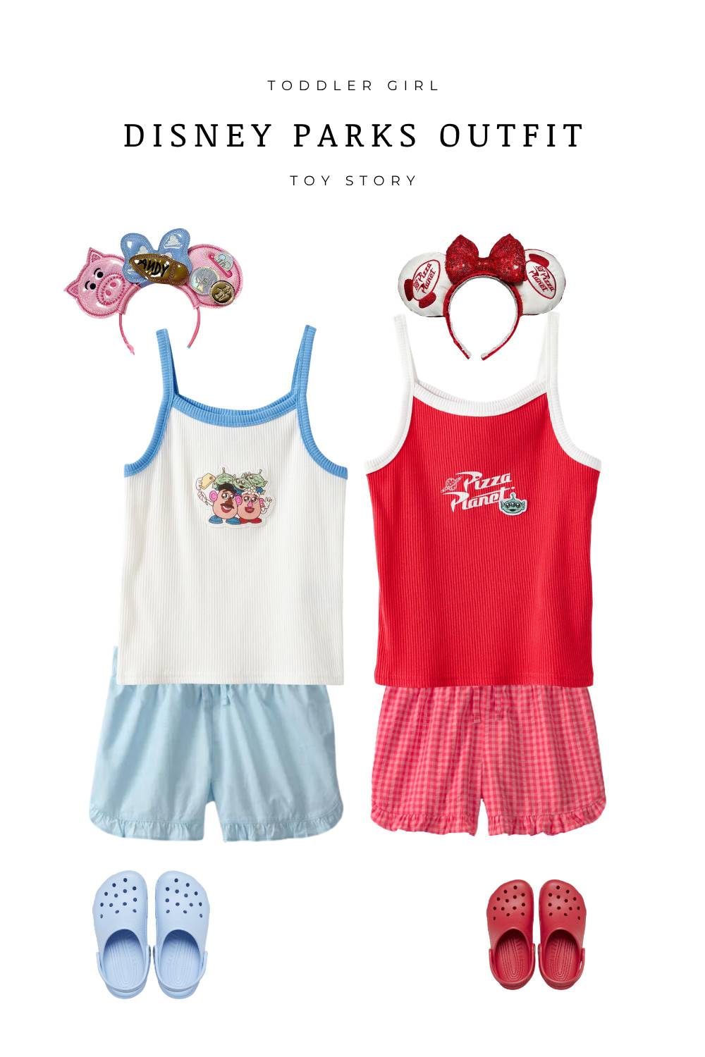 Adorable toddler girl Disney outfit inspired by Toy Story featuring a Pizza Planet tank, gingham shorts, character tank option, Minnie ears, and comfy clogs. Perfect for Disneyland or Disney World, this lightweight summer outfit is ideal for park days, matching sibling looks, and cute vacation photos. A must-have Disney parks outfit idea for toddlers who love Toy Story and playful, comfortable style.

#LTKKids #LTKTravel #LTKootd