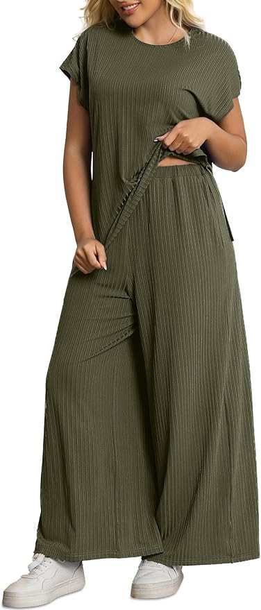 Women's 2 Piece Plus Size Lounge Set Summer Cap Sleeve Top Wide Leg Pants Matching Set Sweatsuits... | Amazon (US)