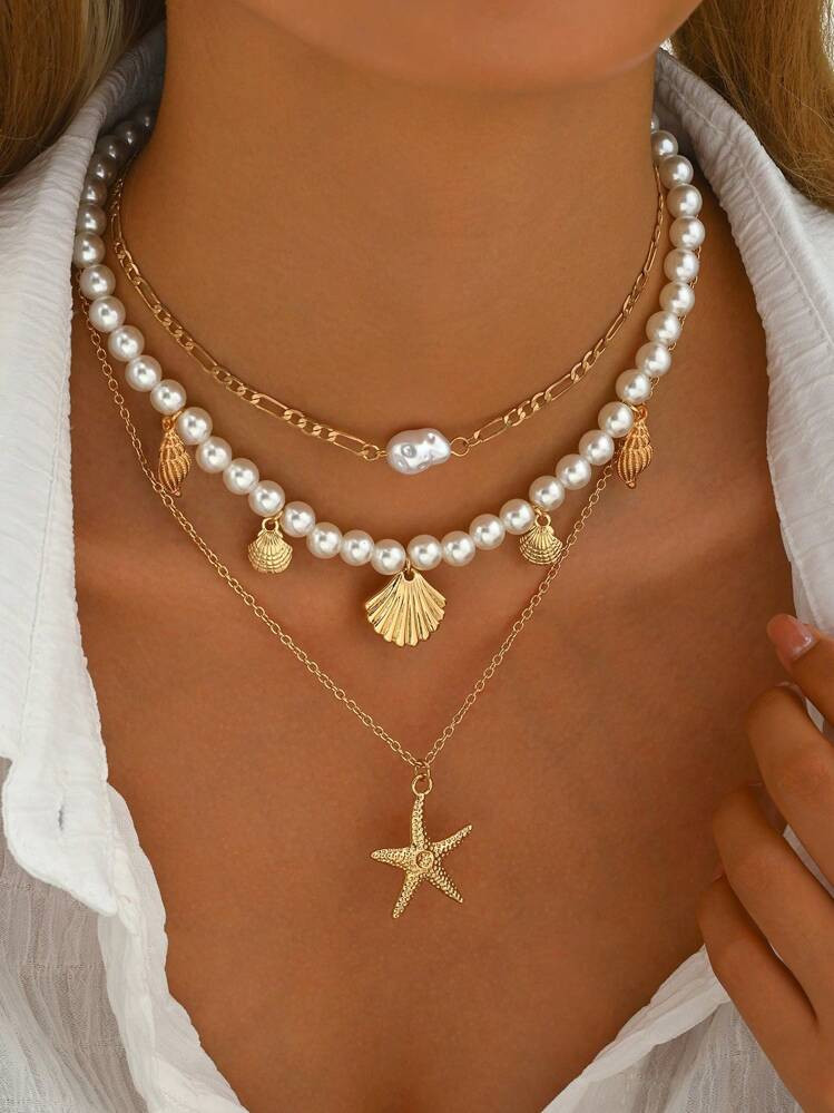 3pcs/Set Faux Pearl, Tassel, Metal Chain, Necklace Set - Ocean, Starfish, Beach Inspired Multilay... | SHEIN