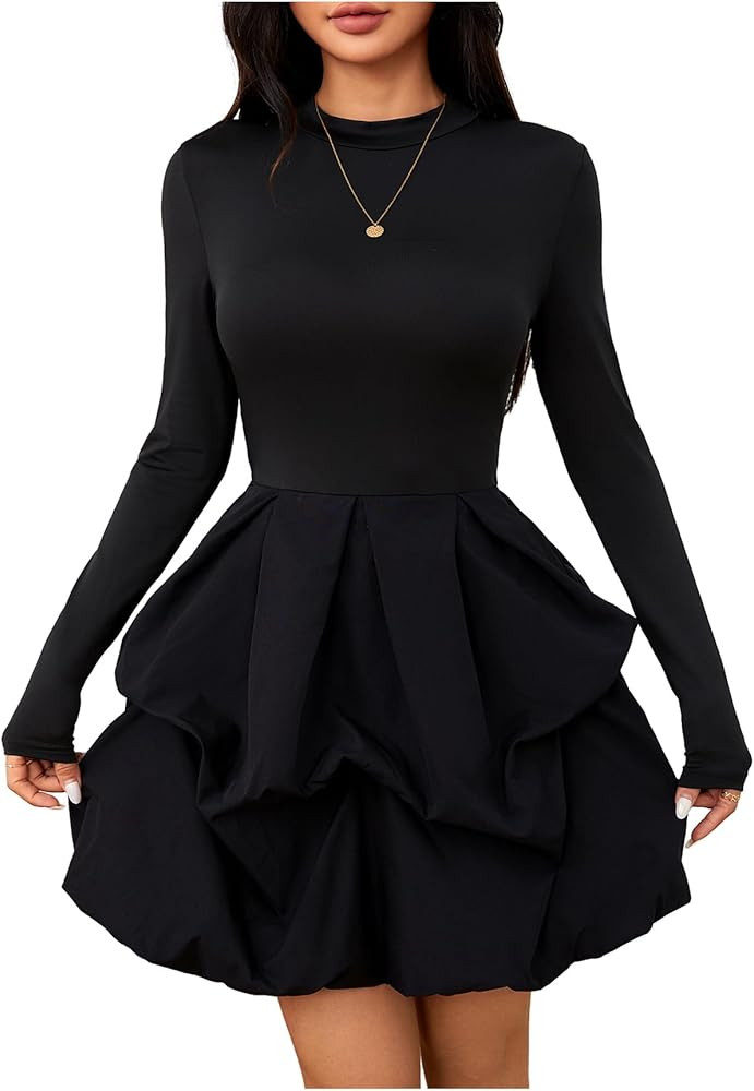 MakeMeChic Women's Long Sleeve Mini Dress Ruffle Hem Mock Neck A Line Fall Wedding Guest Short Dr... | Amazon (US)