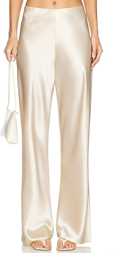 Women's Satin Wide Leg Dress Pants Hidden Elasticized Waistband Silk Casual Long Flowy Loose Trou... | Amazon (US)