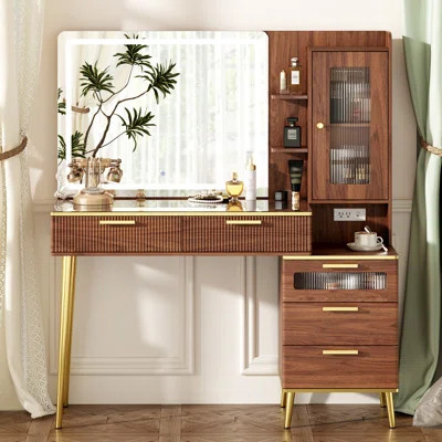 47.24" Big Modern Vanity Desk With Mirror And Lights,makeup Vanity Desk With 5 Drawers And Storage Shelves & Power Outlet | Wayfair North America