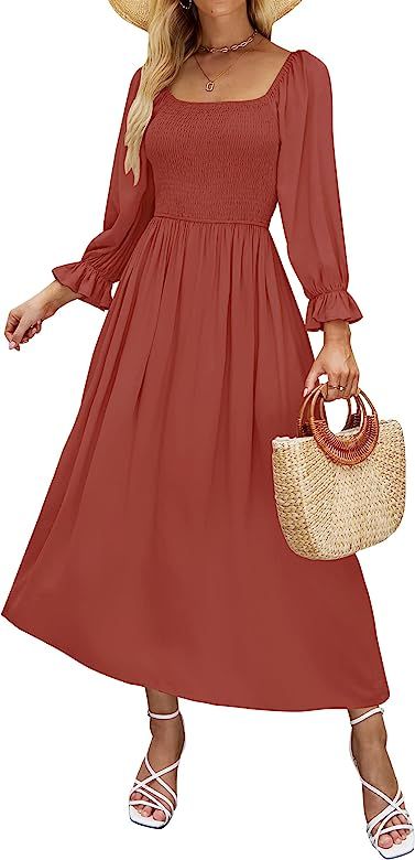 ZESICA Women's Casual Square Neck 3/4 Puff Sleeve Solid Color Smocked High Waist Flowy Midi Dress | Amazon (US)