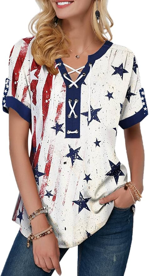 VILOVE American Flag Shirt Tops Women 4th of July T-Shirts Ring Hole Star Stripes USA Short Sleev... | Amazon (US)
