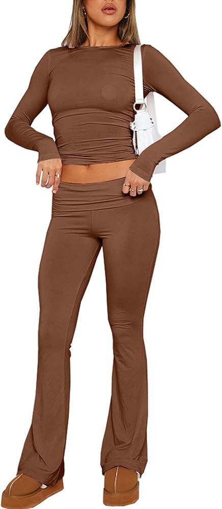 Women's Cotton Lounge Flared Legging Set Two Piece Outfits Basic Long Sleeve Crop Tops Low Rise F... | Amazon (US)