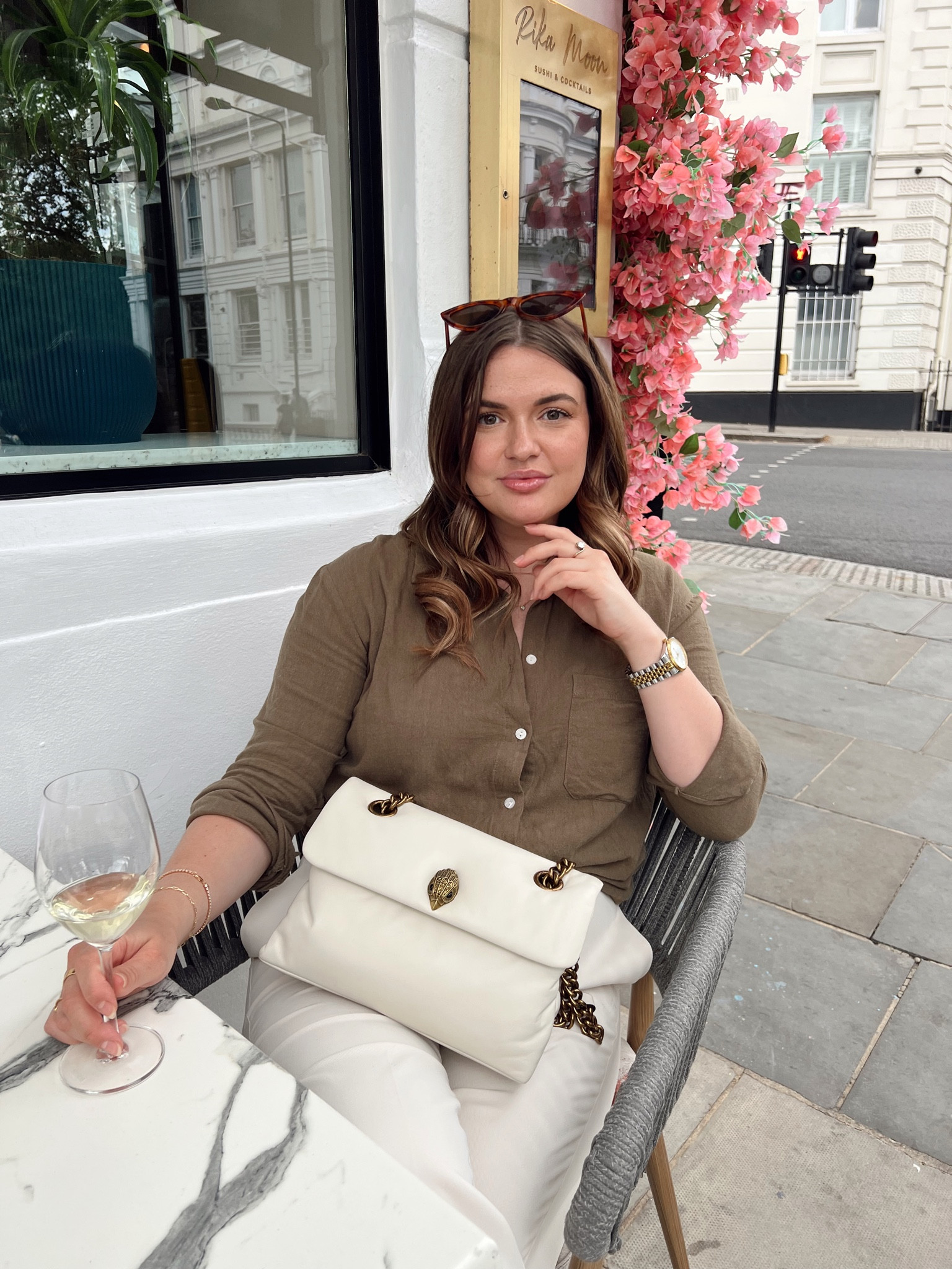 Summer lunch date outfit - river island khaki green shirt, Reiss cream wide leg trousers, Kurt Geiger Kew cream handbag & Kurt Geiger cream sandals  

#LTKSeasonal #LTKeurope #LTKstyletip