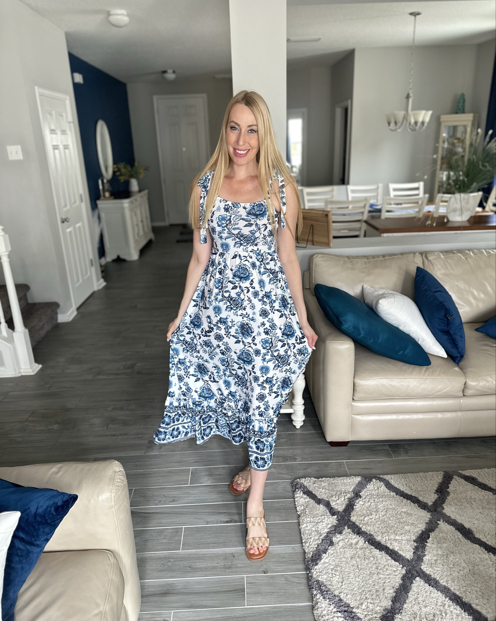 Tie shoulder blue and white maxi
💙 this dress is so beautiful and can be worn to weddings, brunch, resorts and more 
💙 it is stretchy and comfortable 
💙wearing small in it, fits true to size and I am 5’10”

#LTKStyleTip #LTKFindsUnder50 #LTKWatchNow