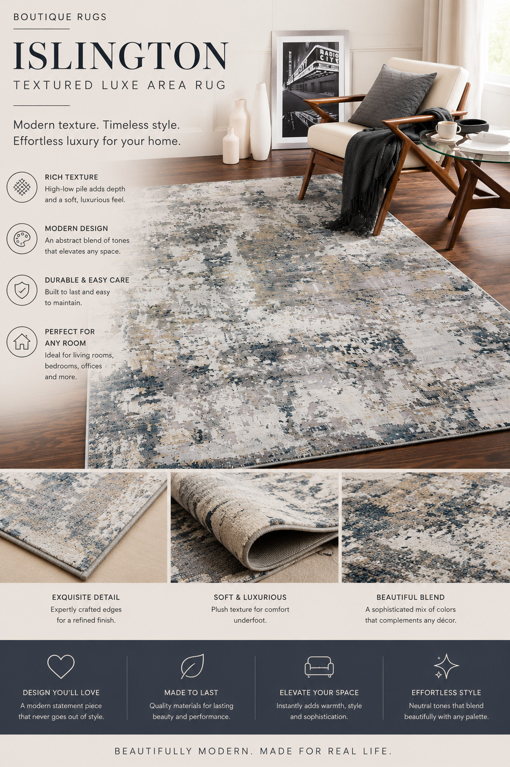 This rug is such an easy way to make a space feel designer and elevated ✨
I love the soft mix of ivory, taupe, charcoal, and muted blue tones — it adds texture and depth without overwhelming the room.

Modern, cozy, and incredibly versatile for living rooms, bedrooms, or office spaces 🤍

Looks way more expensive than it is.

#ltkhome #homedecor #luxuryinteriors #ruglove #modernhome 

 #LTKHome