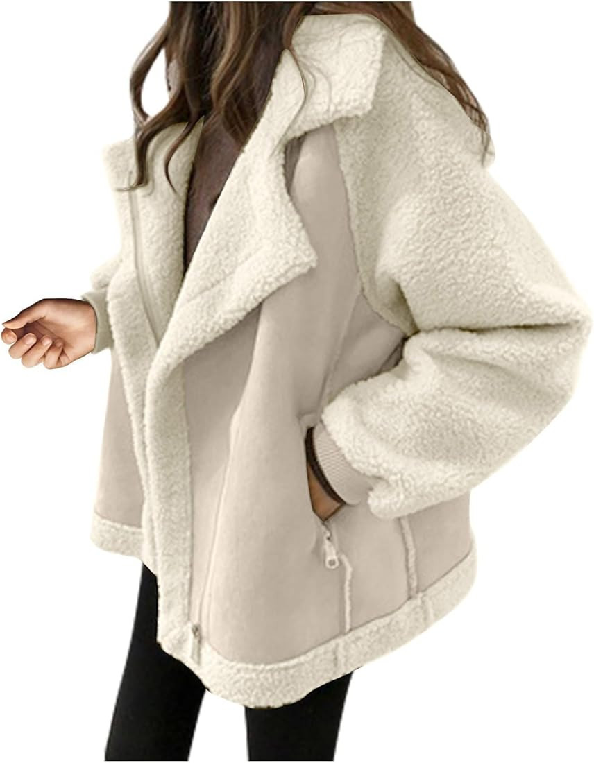 Women's Winter Jackets Casual Long Sleeve Warm Coat Short Lamb Flannel Biker Jacket Coats, S-XL | Amazon (US)